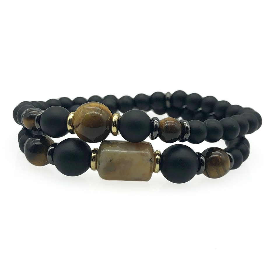 Men's Black Stone, Tiger Eye & Agate 2 Row Beaded Bracelet