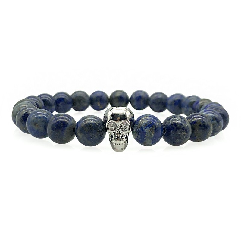 Men's 8mm Lapis Lazuli & AAA Grade Cubic Zirconia Skull Beaded Bracelet