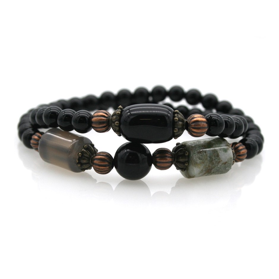 Men's Gemstone Agate Stretchy Beaded Double Row Beaded Bracelet