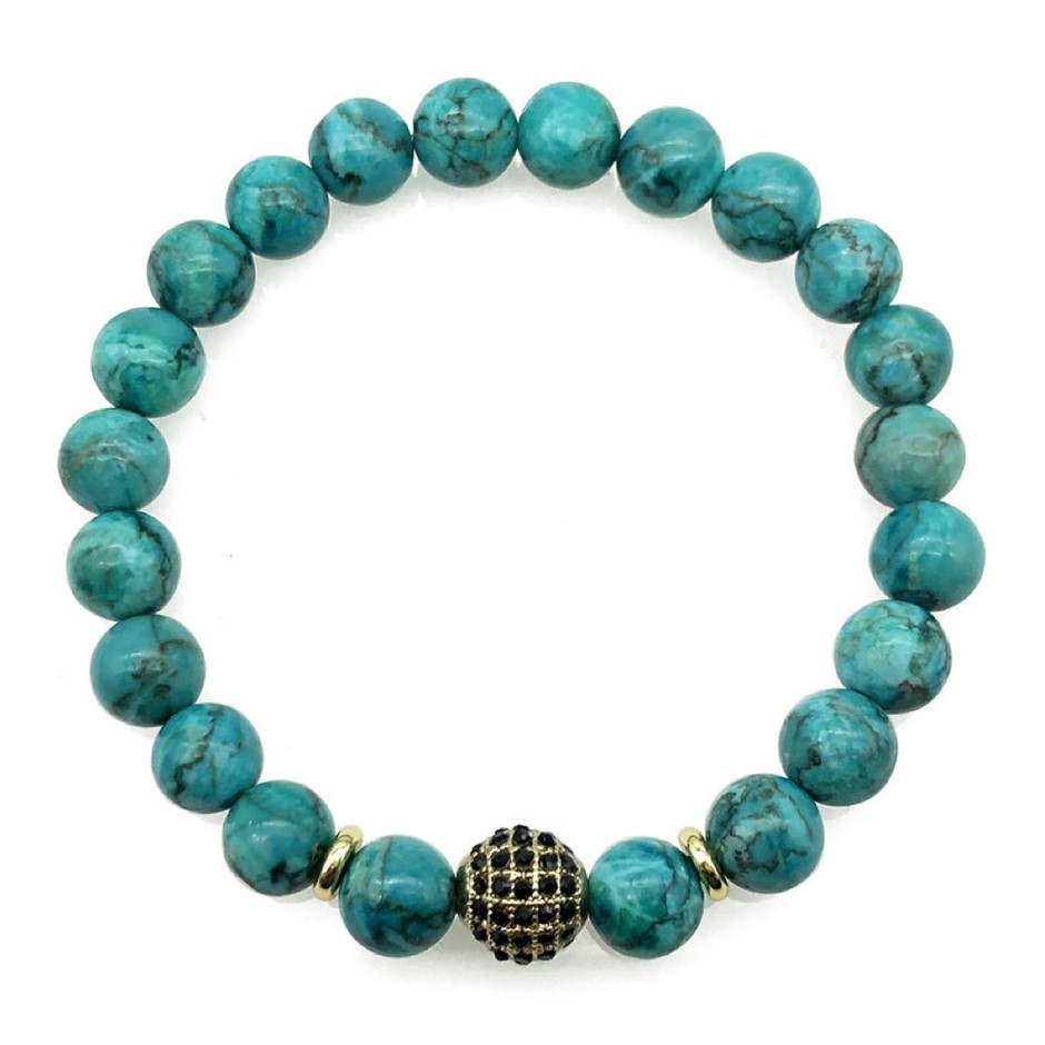 Men's 8mm African Jasper 'Turquoise' & Golden Rhinestone Beaded Bracelet