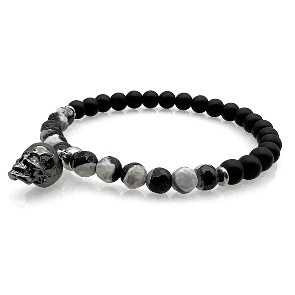 Men's 6mm Fire Agate & Black Stone Skull Charm Bracelet