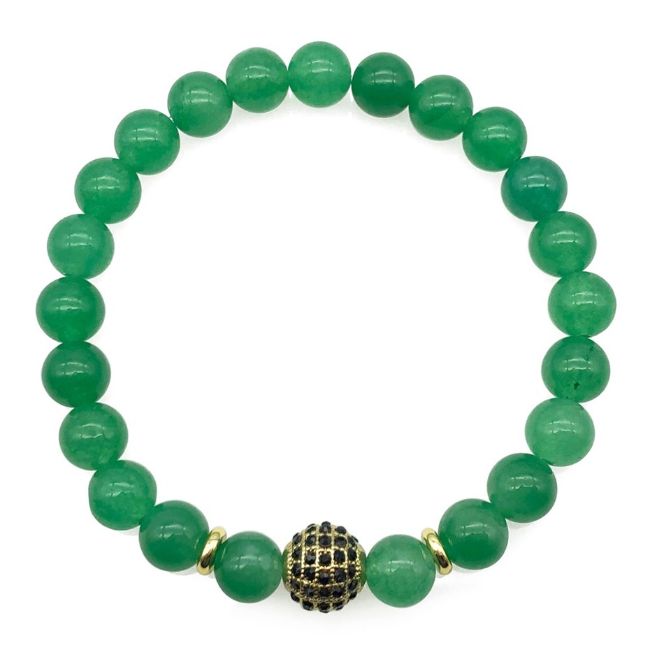 Men's 8mm Green Aventurine & Golden Rhinestone Beaded Gemstone Bracelet