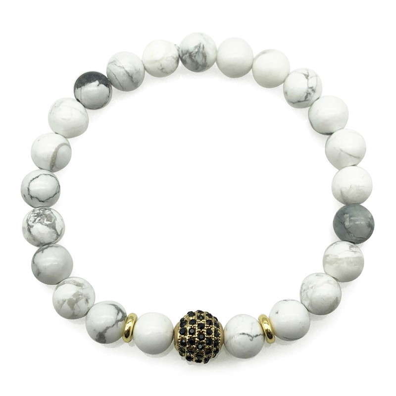 Men's 8mm Howlite & Golden Rhinestone Beaded Gemstone Bracelet