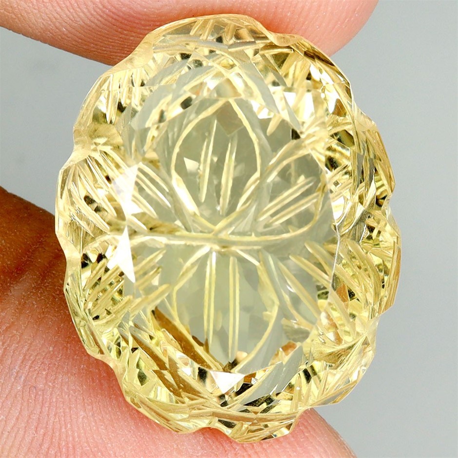 39.85ct Oval Flower Carved Lemon Quartz Gemstone - 1Pc