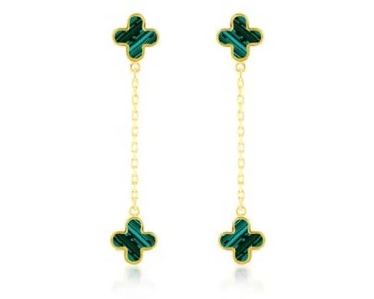 9K Yellow Gold Malachite Petal Drop Earrings