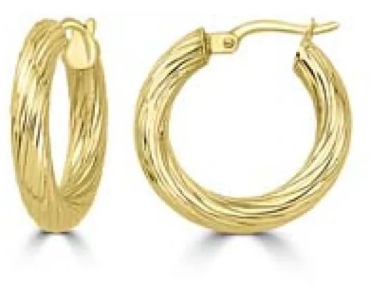9K Yellow Gold Textured Hollow Hoops 15Mm