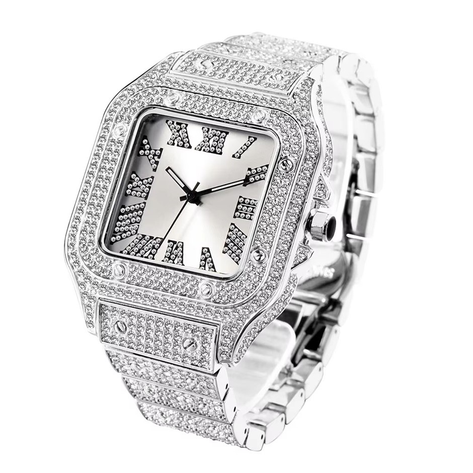 18k White Gold Filled, White Face Iced Out Diamond Quartz Wrist Watch