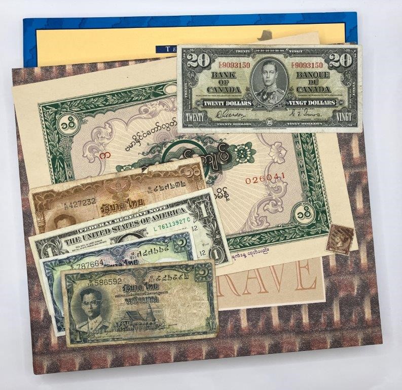 9 x Assorted World Banknotes And Stamp