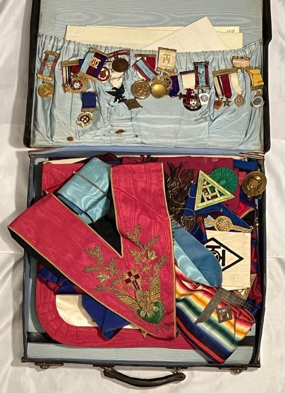 Large leather case of assorted AU masonic regalia & medals
