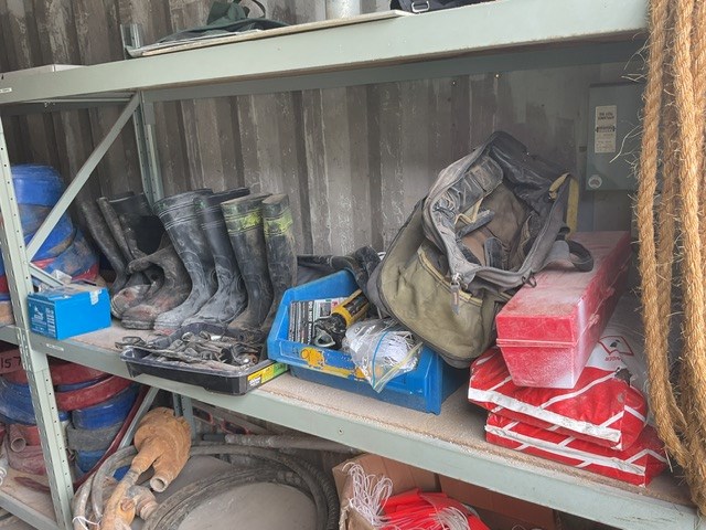2 Shelves Of Boots, Spanners, Bunting, Battery And Hardware