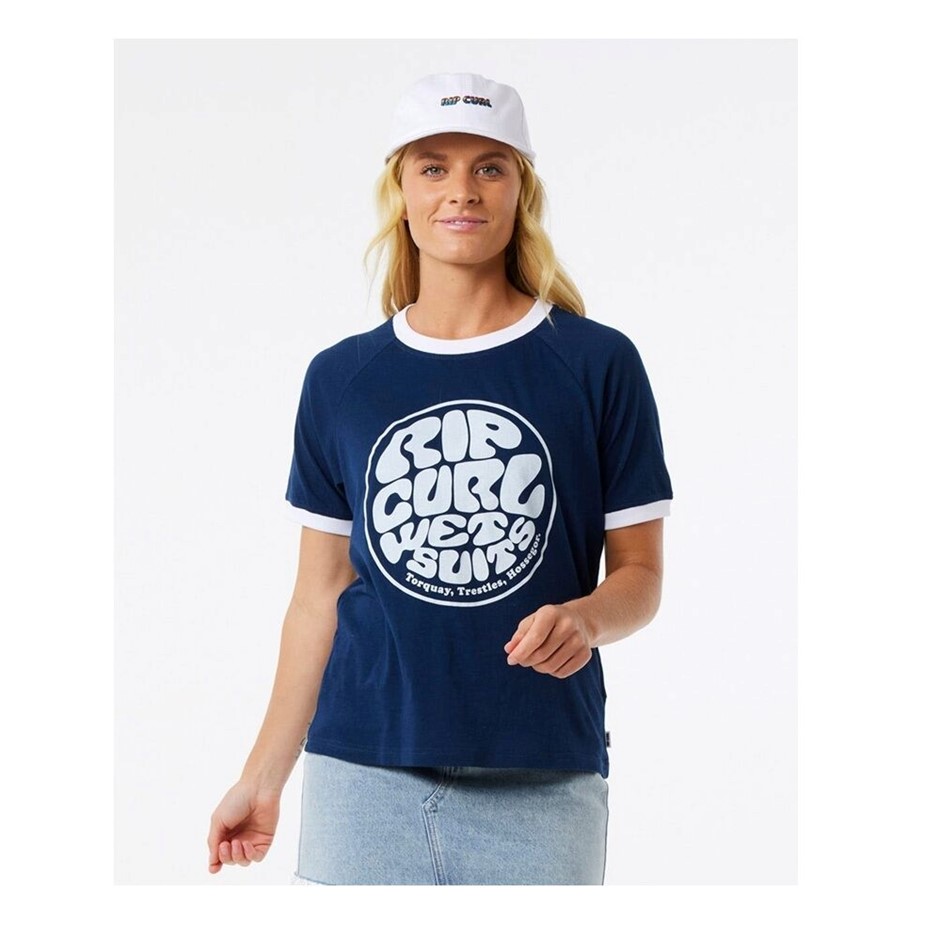 RIP CURL Women's Stephanie Gilmore Wettie Ringer Tee - Navy, Size 2XS. RRP: