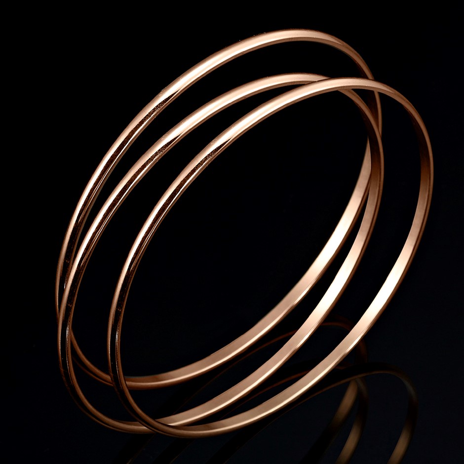 BIJ'OR-18ct Heavy Rose Gold Plated Plain 3mm Triple Bangle Set-USA,RRP $120
