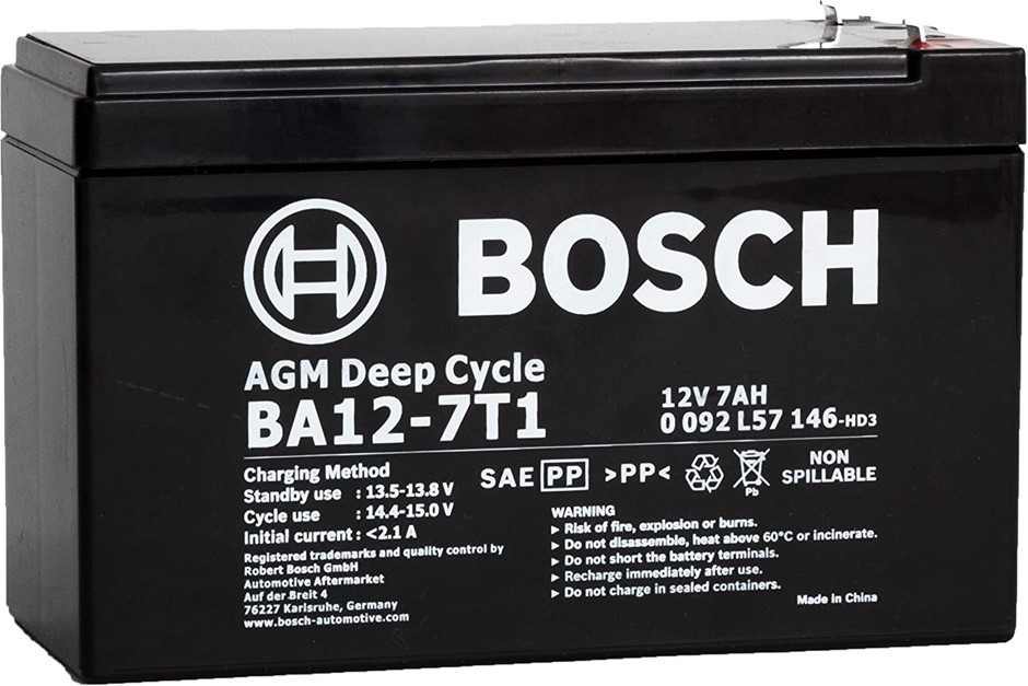 BOSCH 12V 7AH VRLA AGM Rechargeable Standby Battery Black, BA12-7T1.