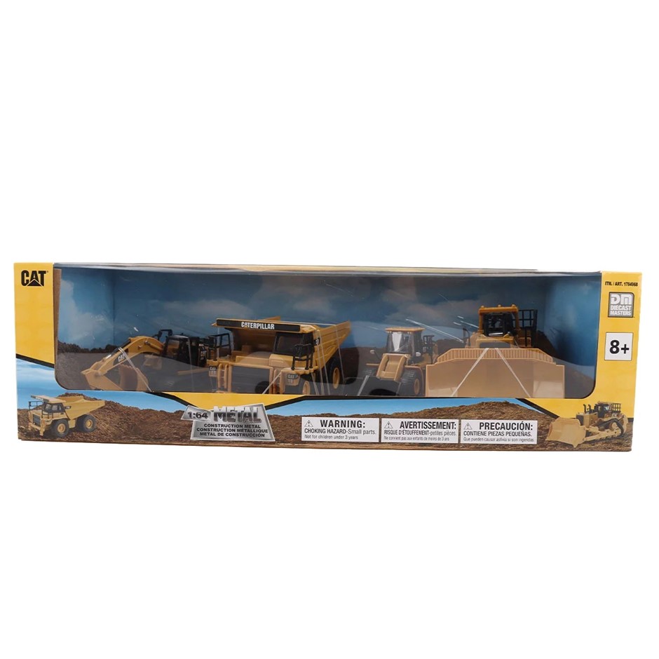 CAT Diecast Trucks 4pk Yellow. NB: Damaged packaging, some pcs may be missi