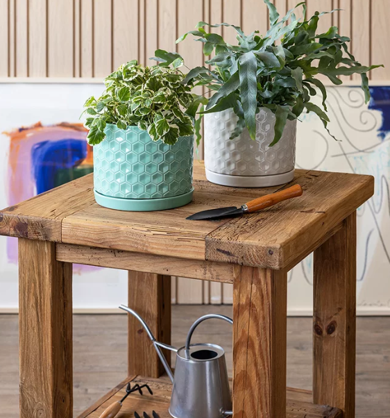 over&back Set Of 2 Honeycomb Ceramic Planters, White and Green.