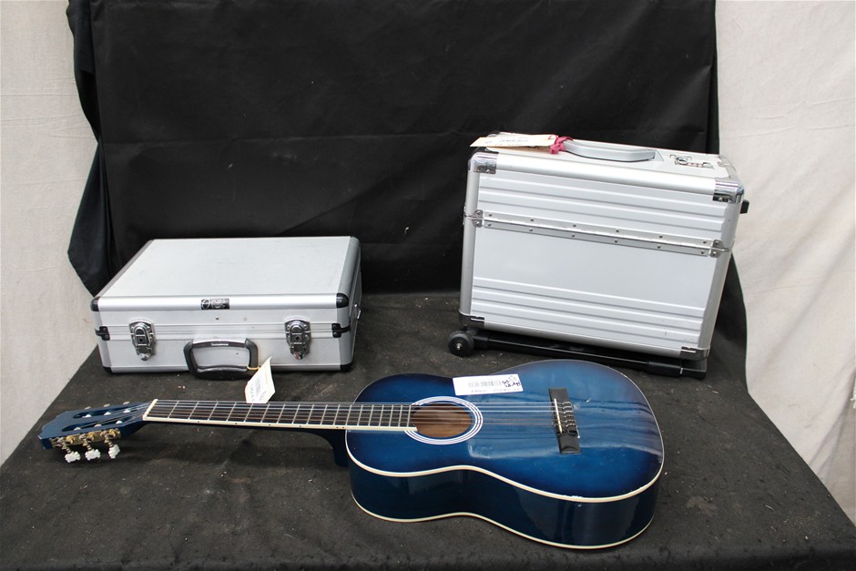 Guitar, Sony Projector and Multimedia Speakers in Case