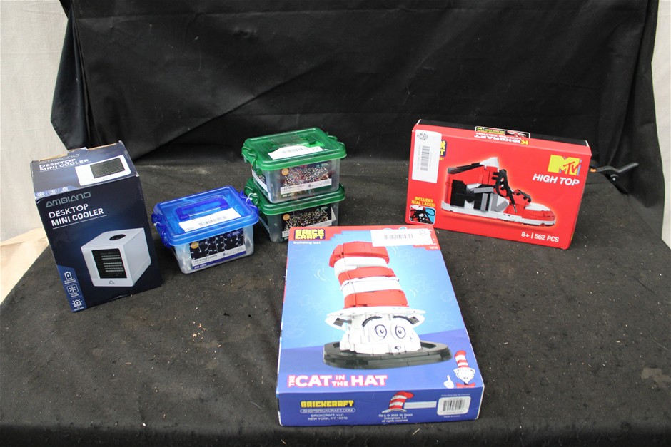 Assorted Items Including Brickcraft, String Lights, Desktop Cooler