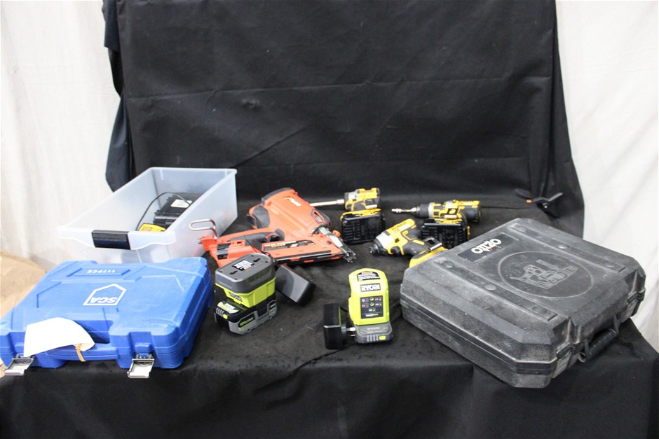 Assorted Power Tools Including DeWalt, Ryobi, Paslode