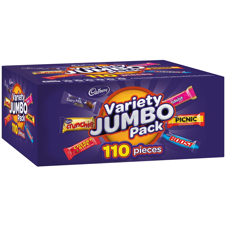 2 x CADBURY 110pc Variety Jumbo Pack. NB: Damaged boxes & approx. 30 x piec