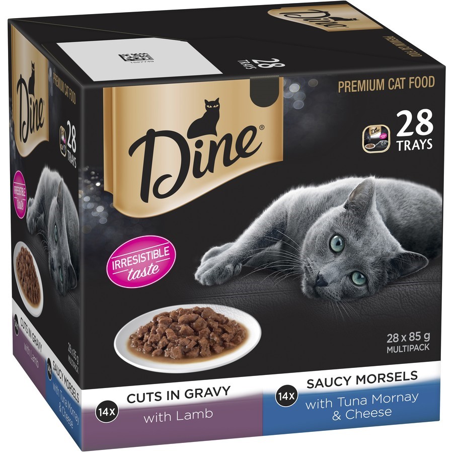 28 x DINE Wet Cat Food Inc: 14 x Cuts in Gravy w/ Lamb, 14 x Saucy Morsels