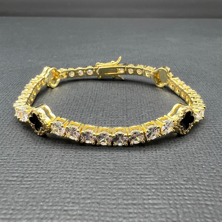 Gold-Filled Tennis Bracelet Four-Leaf Clover & Simulated Diamonds - 17.8cm