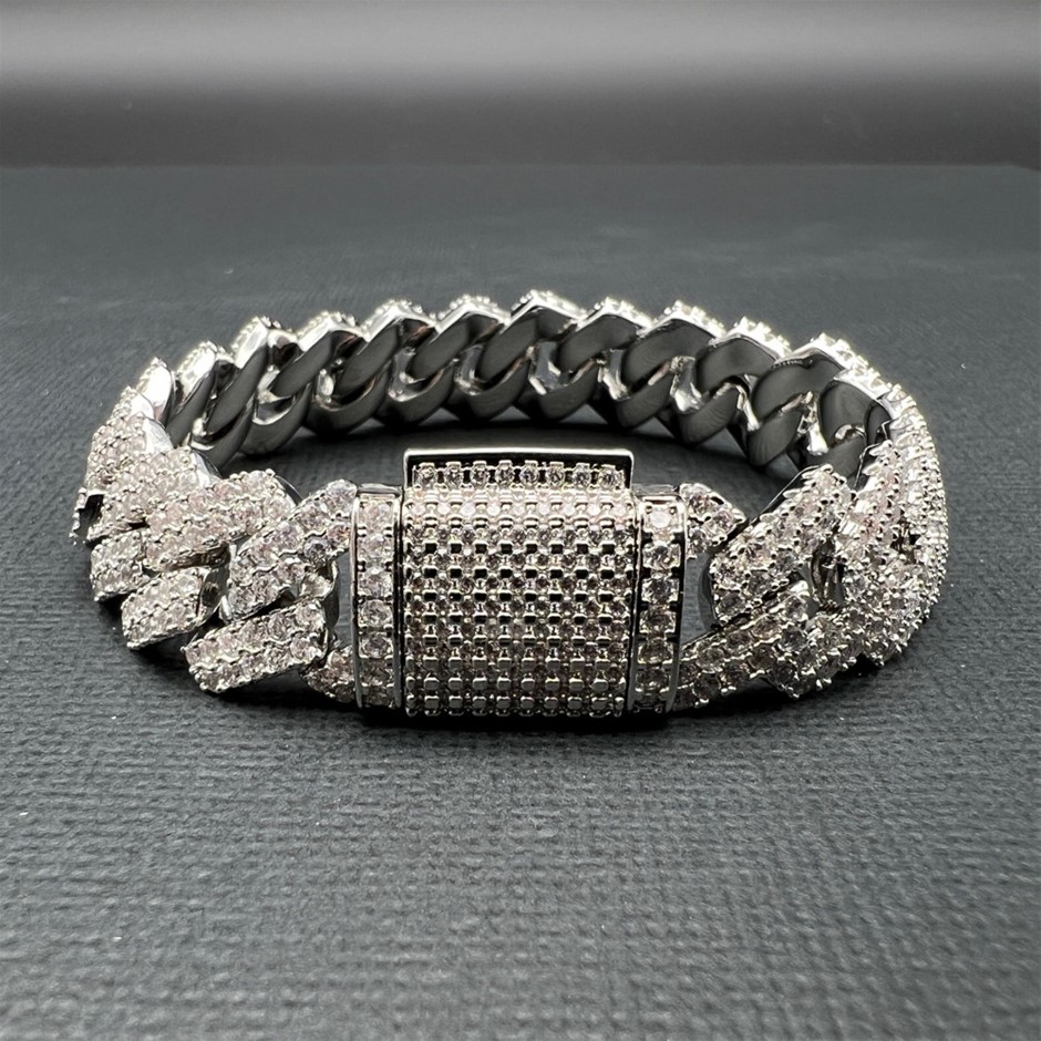 18K White-Filled Cuban Chain Bracelet with Simulated Diamonds - 20.3cm