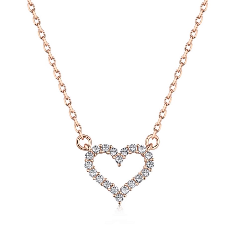 18K Rose Gold Filled Simulated Diamonds Hollow Heart Pendant Necklace