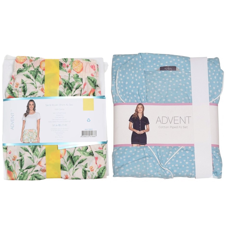 2 x ADVENT Women's Piped 2pc PJ Set, Size S, Cotton, Pink Stripe & White/Pe