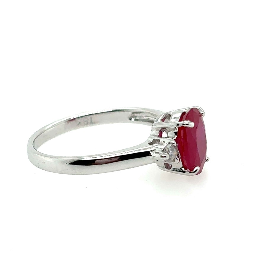 1.46ct oval cut Ruby & 0.08ct 2 Stones Round Dia. SI/G Ring 18K White Gold