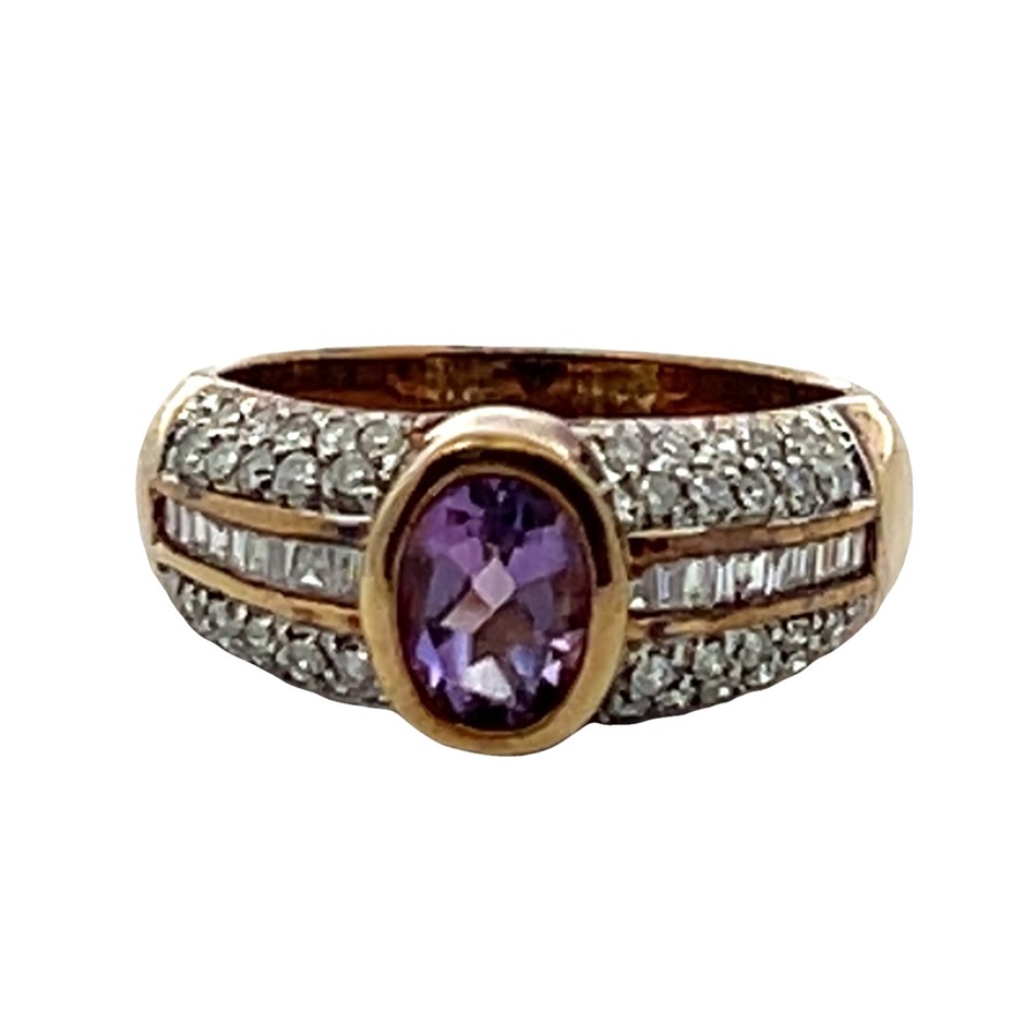 9ct Yellow Gold Amethyst & 0.30ct Diamond Ring