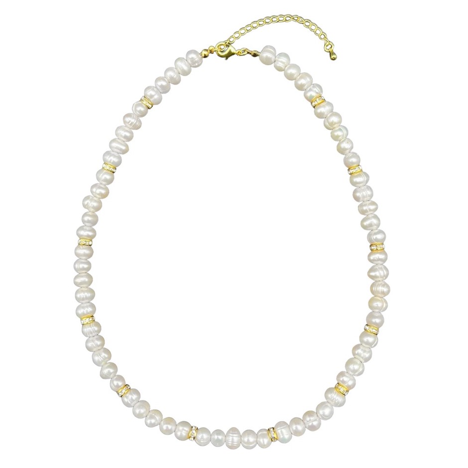 7-8mm White Pearls & Gold Plated Rhinestone Necklace.