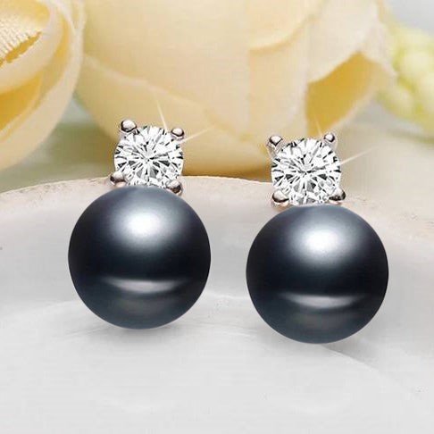 BIJ'OR - Genuine Black Freshwater Pearl & Simulated Diamond Stud Earrings