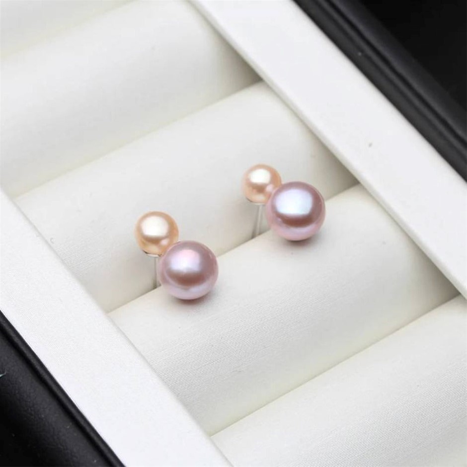 BIJ'OR - Genuine Pink, Purple Freshwater Pearl Double Drop Earrings,RRP $59