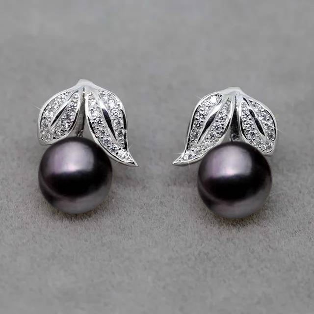 BIJ'OR - Genuine Black Freshwater Pearl and Simulated Diamond Leaf Stud