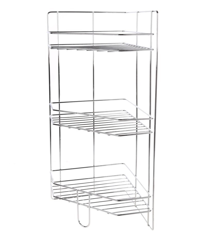 Chrome Finish Corner Wire Rack. 3 x Shelves. Dimensions: 230mm D x 230mm W