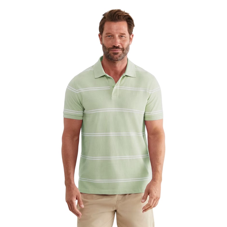 SPORTSCRAFT Men's Hall Polo, Size L, Sage/White Stripe, 100% Cotton, AG2077