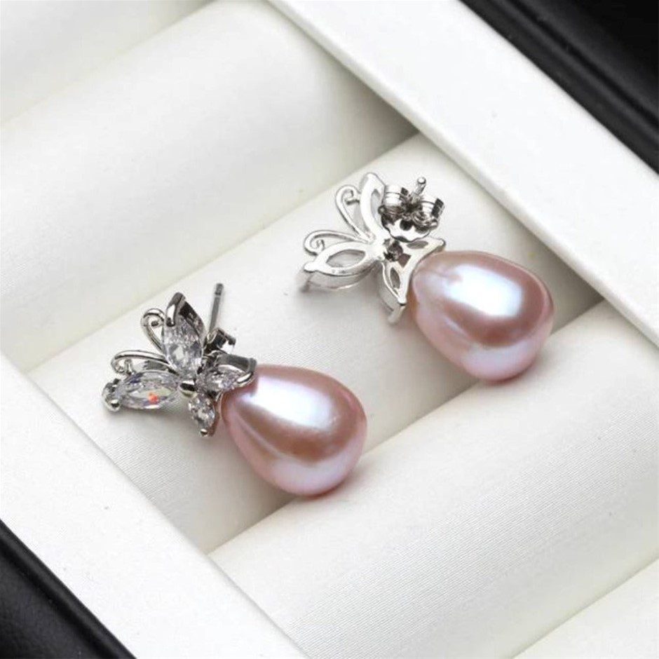 BIJ'OR - Genuine White Purple Pearl & Simulated Diamond Earrings RRP $59