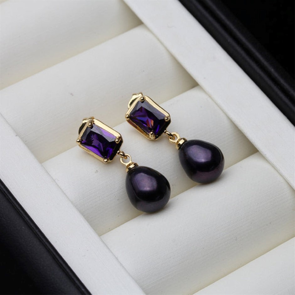 BIJ'OR - Genuine Black Pearl Purple Rectangular Drop Earrings RRP $59