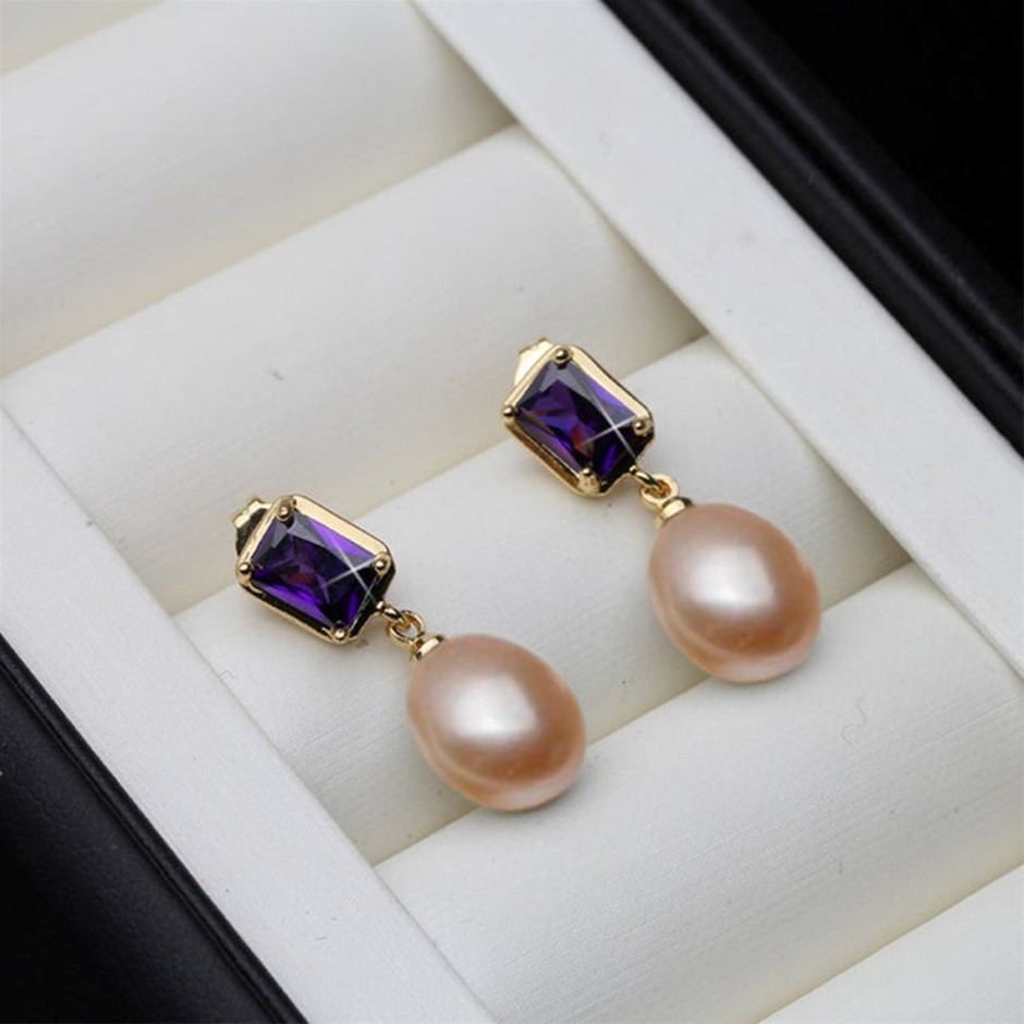 BIJ'OR - Genuine Pink Pearl Purple Rectangular Drop Earrings RRP $59