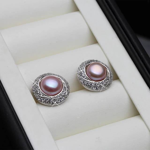 BIJ'OR - White Purple Pearl & Simulated Diamond Round Stud Earrings RRP $59