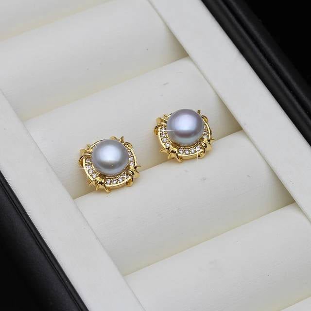 BIJ'OR - Genuine Grey Pearl Earrings Simulated Diamonds in Gold RRP $59