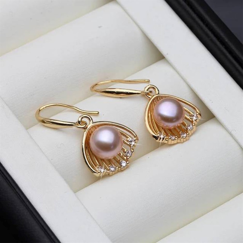 BIJ'OR - Genuine Purple "Pearl in Shell" Dangle Earrings in Gold RRP $59