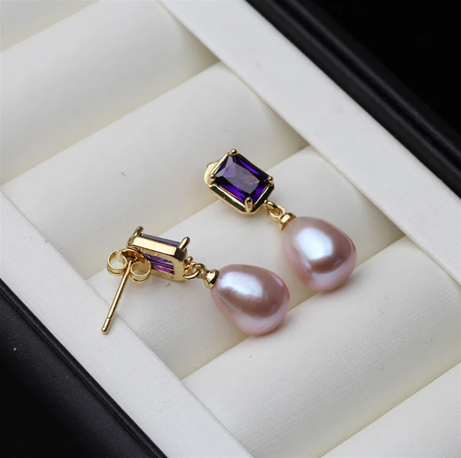 BIJ'OR - Genuine Purple Pearl Purple Rectangular Drop Earrings RRP $59