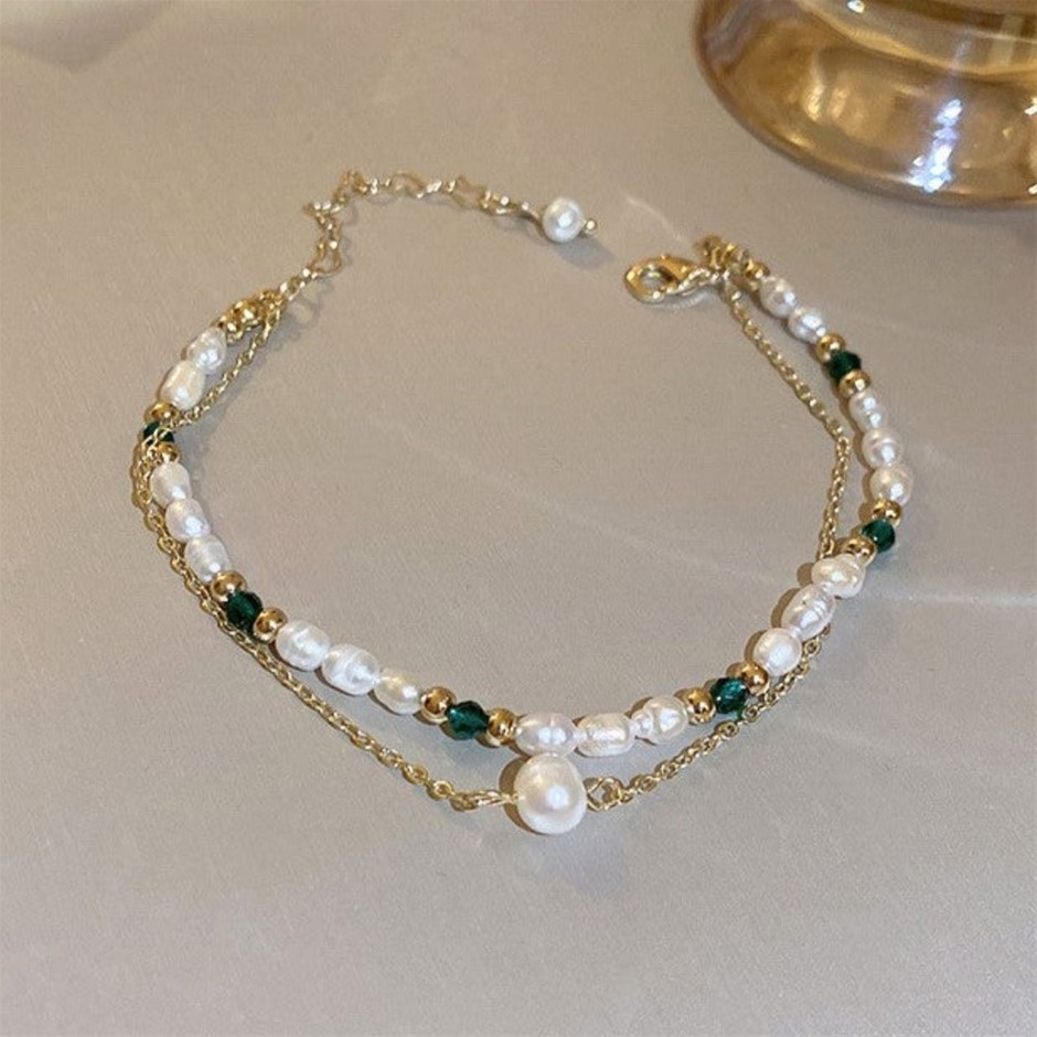 BIJ'OR Genuine White White Freshwater Pearl & Emerald Bracelet Gold RRP 99