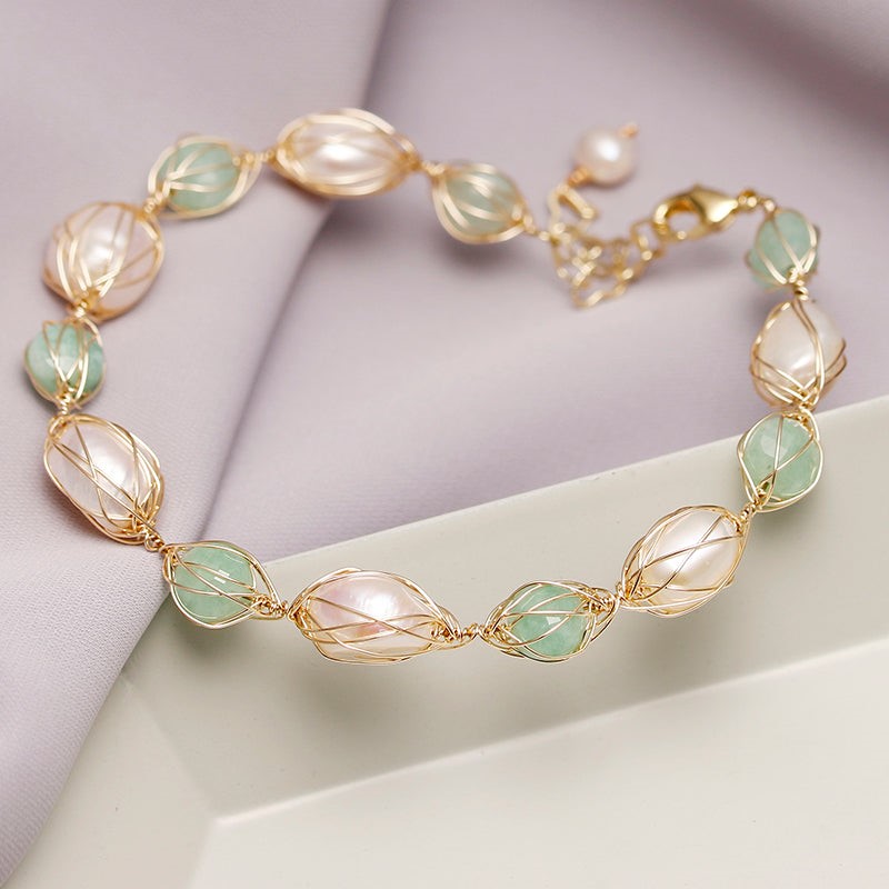 BIJ'OR Handmade Genuine White and Mint Freshwater Pearl Bracelet RRP 99