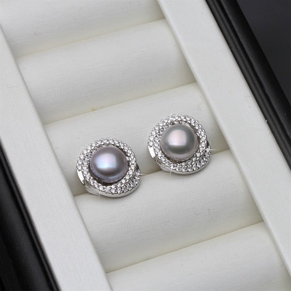 BIJ'OR Genuine Diamond & Grey Freshwater Pearl Swirl Stud Earrings. RRP 59