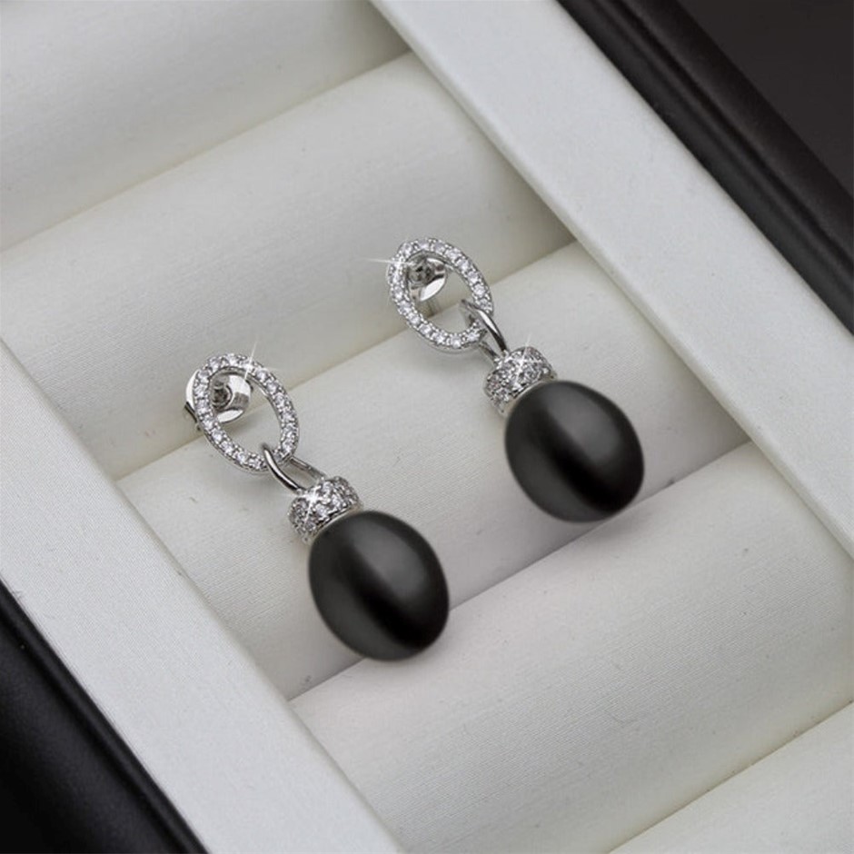 BIJ'OR - Genuine Black Freshwater Pearl & Diamond Drop Earrings. RRP 59