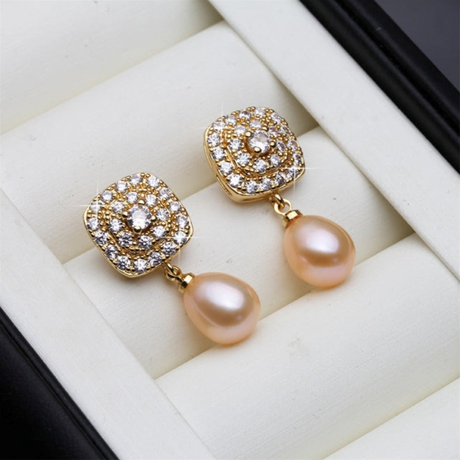BIJ'OR Genuine Pink Freshwater Pearl & Diamond Drop Earrings Gold RRP 59
