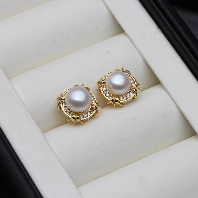 BIJ'OR - White Pearl Stud Earrings with Simulated Diamonds in Gold RRP $59