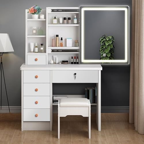 BETTERINMETA Vanity Desk with Mirror and LED Lights 5 Drawers, Shelves and